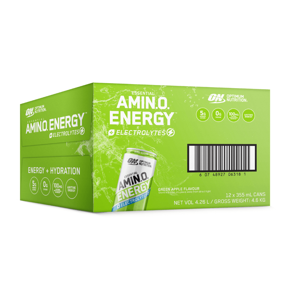 Amino Energy + Electrolyte Sparkling Can Optimum Nutrition Drinks for pre workout Box of 12 Green Apple