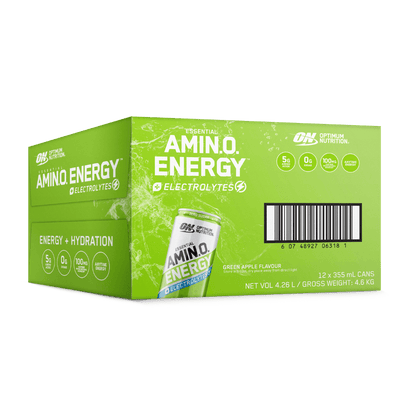 Amino Energy + Electrolyte Sparkling Can Optimum Nutrition Drinks for pre workout Box of 12 Green Apple