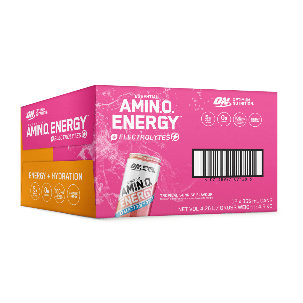 Amino Energy + Electrolyte Sparkling Can Optimum Nutrition Drinks for pre workout Box of 12 Tropical Sunrise