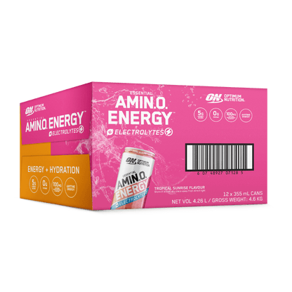 Amino Energy + Electrolyte Sparkling Can Optimum Nutrition Drinks for pre workout Box of 12 Tropical Sunrise