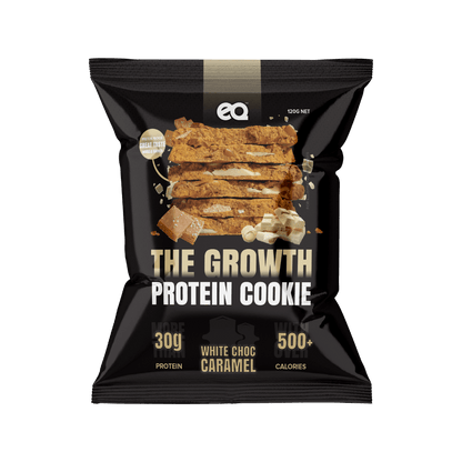 The Growth Cookie (1) & The Growth Cookie EQ Protein cookies Pack of 12 White Choc Caramel Fudge