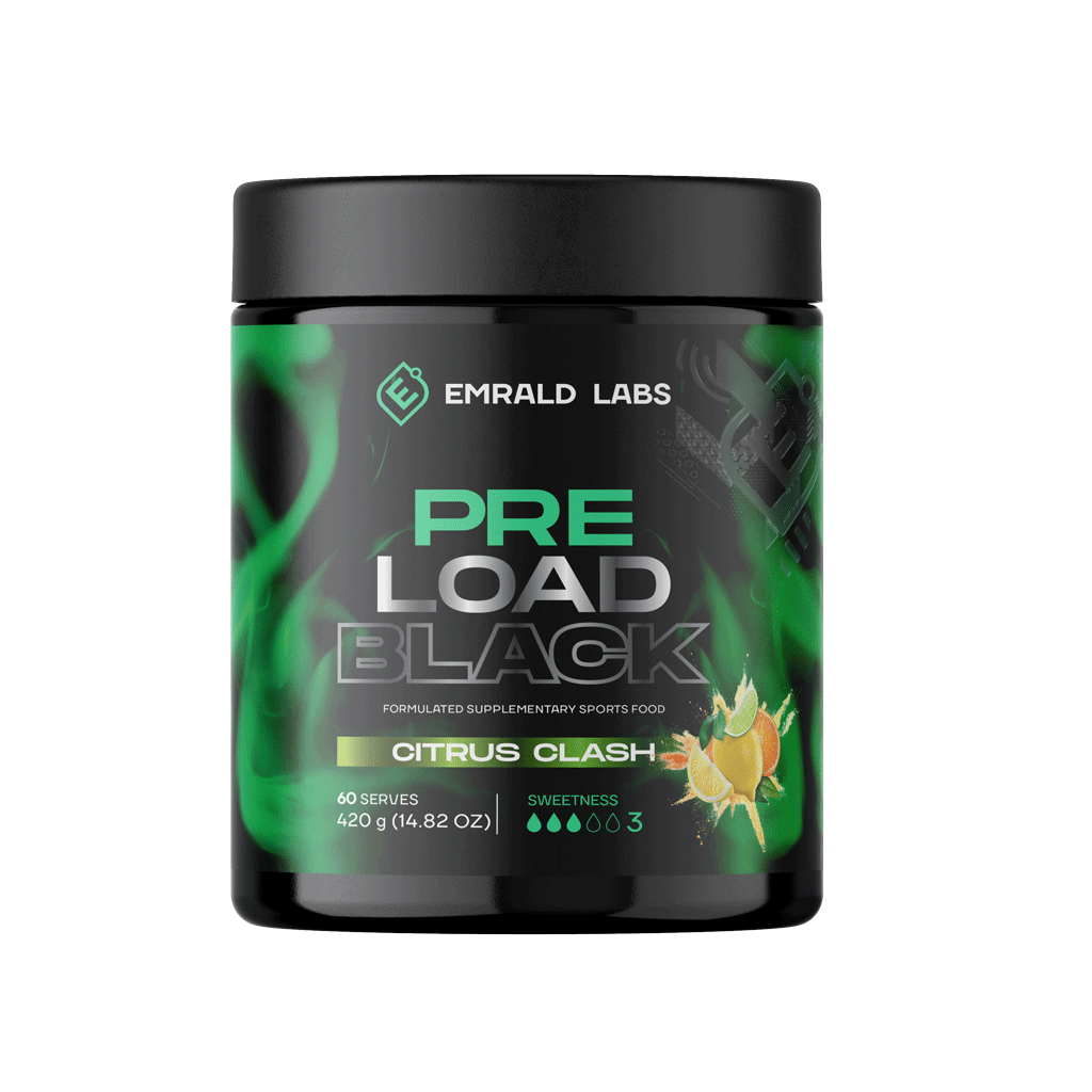 Pre Load Black (2) & Pre Load Black Emrald Labs Low stim pre workout 60 Serves Citrus Clash