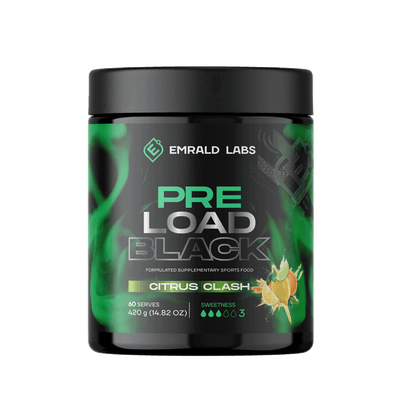 Pre Load Black (2) & Pre Load Black Emrald Labs Low stim pre workout 60 Serves Citrus Clash