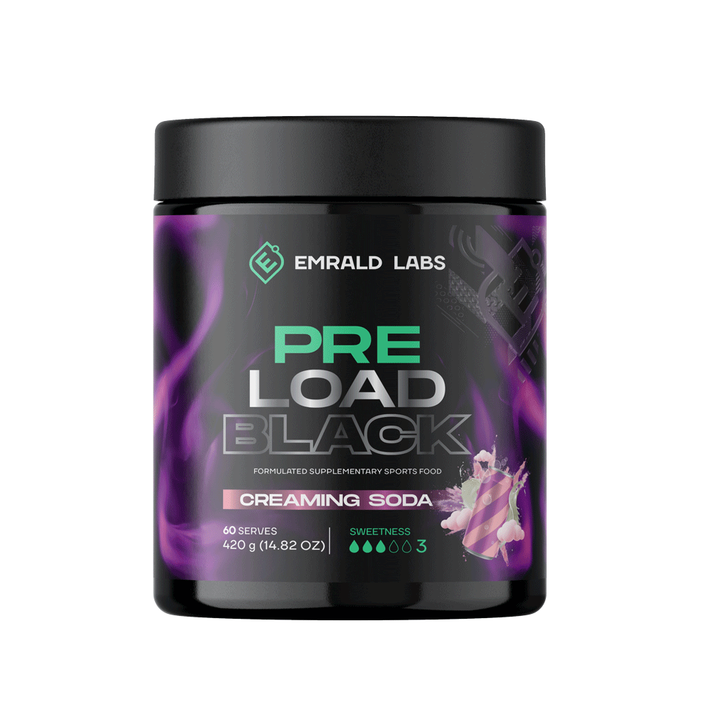 Pre Load Black (1) & Pre Load Black Emrald Labs Low stim pre workout 60 Serves Creaming Soda