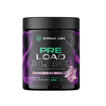 Pre Load Black (1) & Pre Load Black Emrald Labs Low stim pre workout 60 Serves Creaming Soda