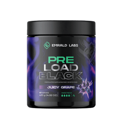 Pre Load Black (3) & Pre Load Black Emrald Labs Low stim pre workout 60 Serves Juicy Grape