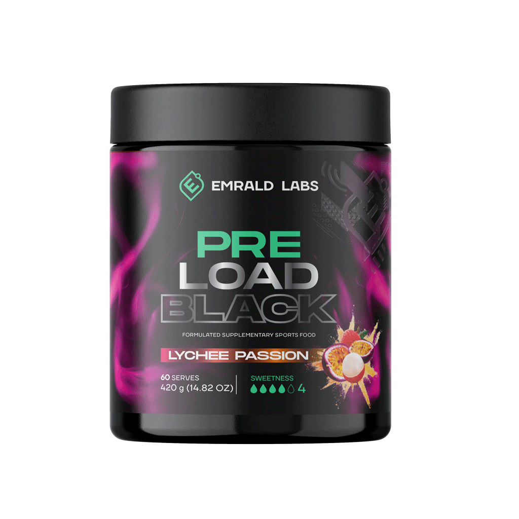 Pre Load Black Emrald Labs Low stim pre workout 60 Serves Lychee Passion