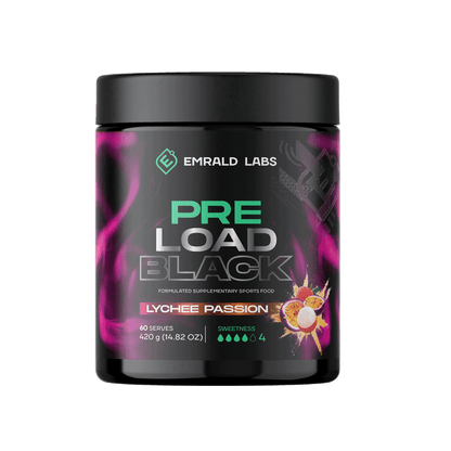 Pre Load Black Emrald Labs Low stim pre workout 60 Serves Lychee Passion