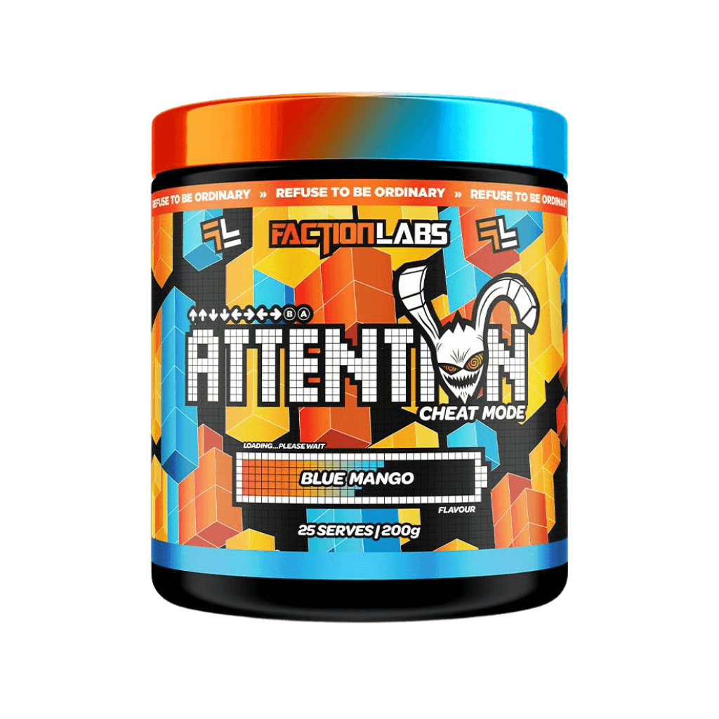 Attention Cheat Mode Faction Labs Medium stimulant pre workout powder 25 Serves Blue Mango
