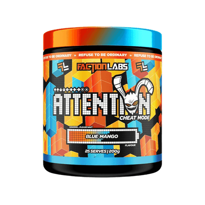 Attention Cheat Mode Faction Labs Medium stimulant pre workout powder 25 Serves Blue Mango