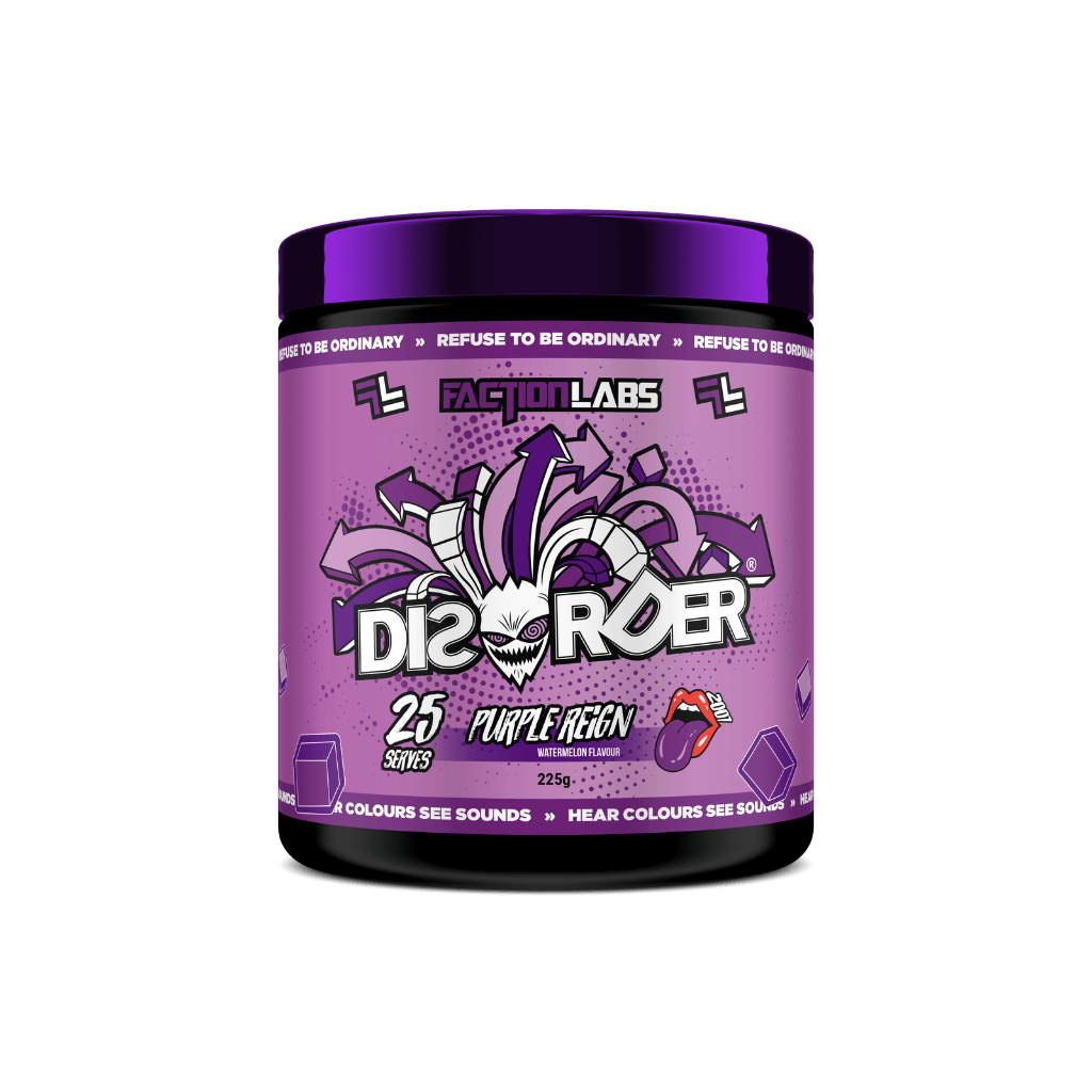 Disorder (7) & Disorder Faction Labs Medium stimulant pre workout powder 25 Serves Purple Reign