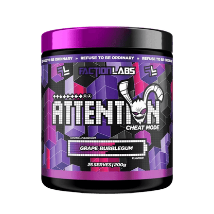 Attention Cheat Mode Faction Labs Medium stimulant pre workout powder 25 Serves Grape Bubblegum