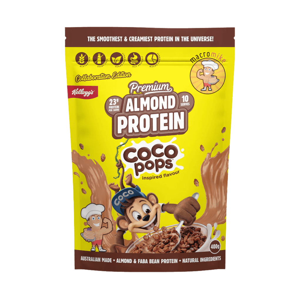 Premium Almond Protein Macro Mike Vegan protein powder 400g Kellogg's Coco Pops