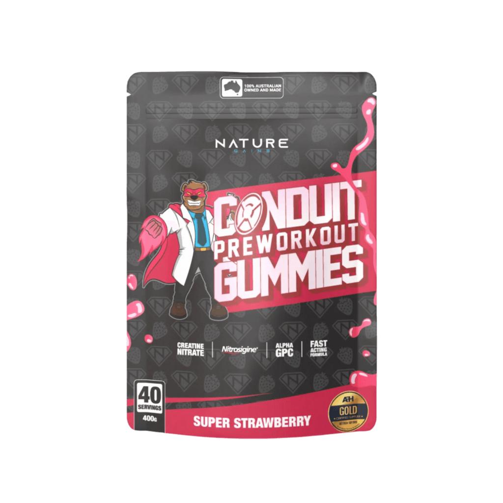 Pre-Workout Gummy & Pre-Workout Gummy Nature Gains Low stim pre workout 40 Serves Super Strawberry