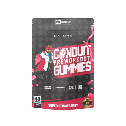 Pre-Workout Gummy & Pre-Workout Gummy Nature Gains Low stim pre workout 40 Serves Super Strawberry