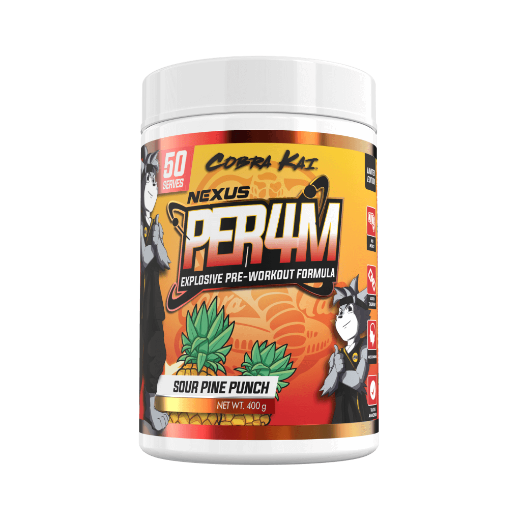 Per4m Nexus Medium stimulant pre workout powder 50 Serves Cobra Kai Sour Pine Punch