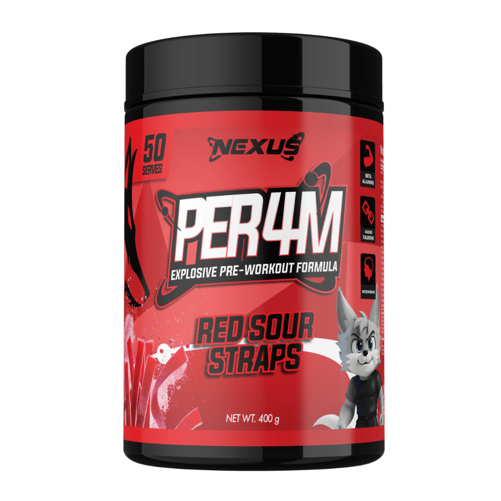 Per4m (15) & Per4m Nexus Medium stimulant pre workout powder 50 Serves Red Sour Straps