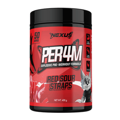 Per4m (15) & Per4m Nexus Medium stimulant pre workout powder 50 Serves Red Sour Straps