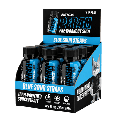 Per4m Pre-Workout Shots & Per4m Pre-Workout Shots Nexus Energy drinks Box of 12 Blue Sour Razz