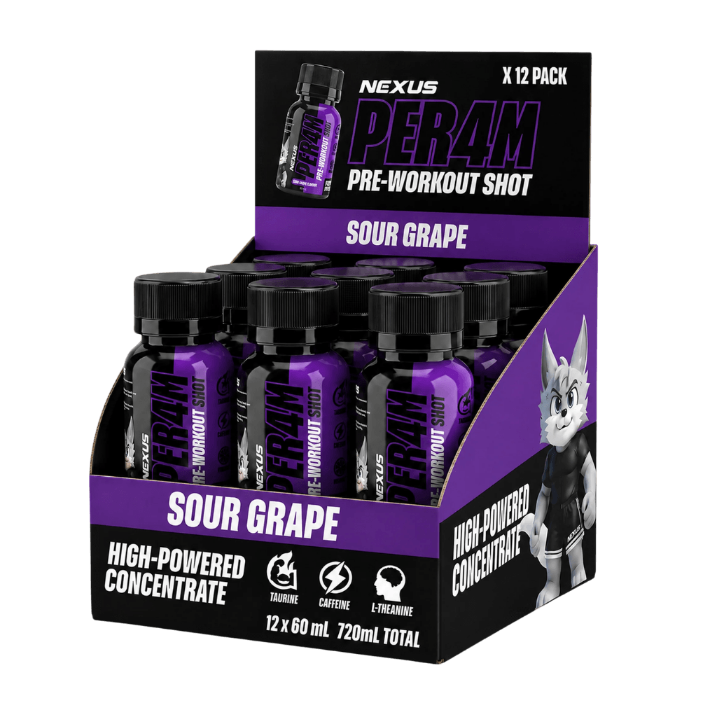 Per4m Pre-Workout Shots (1) & Per4m Pre-Workout Shots Nexus Energy drinks Box of 12 Sour Grape