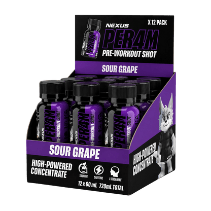 Per4m Pre-Workout Shots (1) & Per4m Pre-Workout Shots Nexus Energy drinks Box of 12 Sour Grape