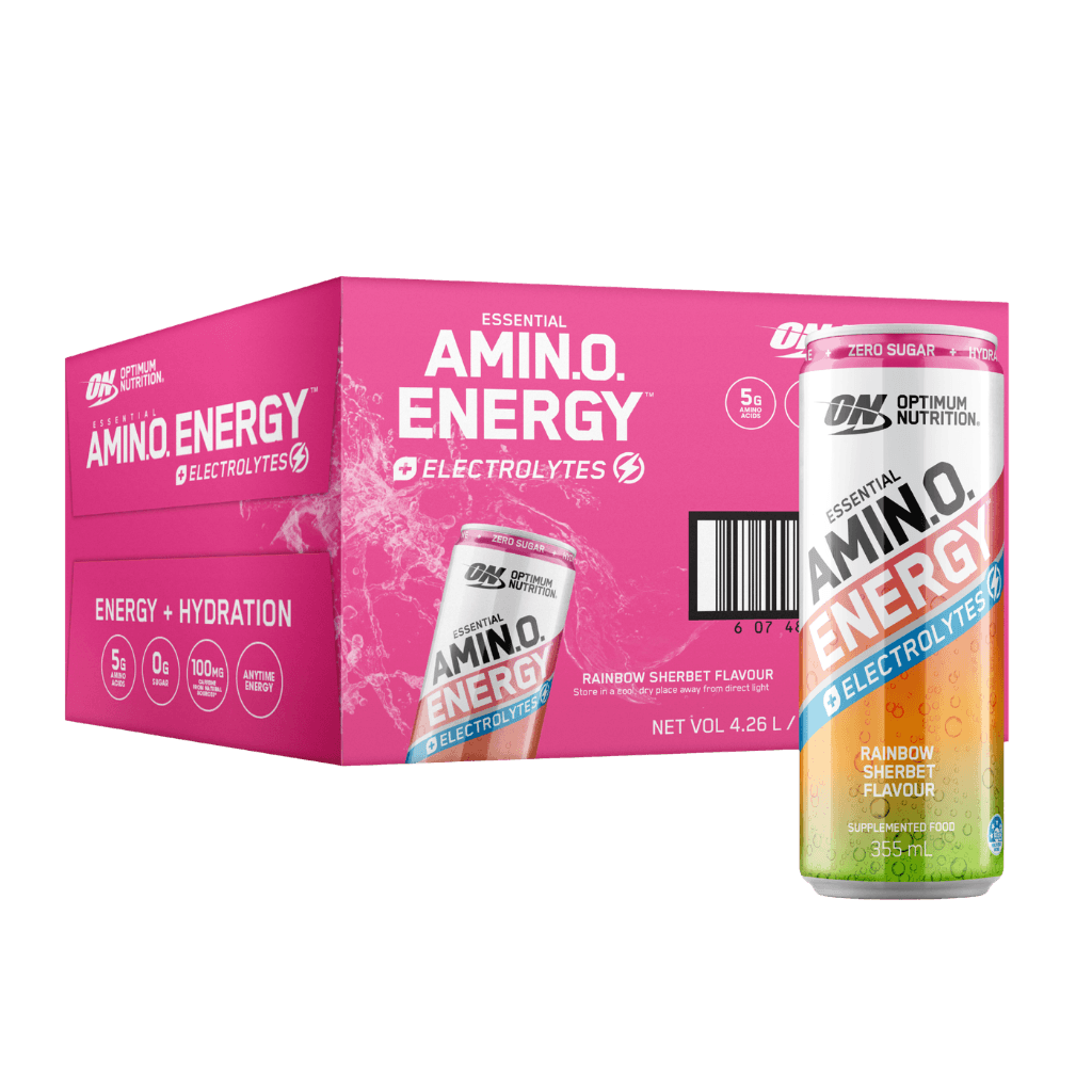 Amino Energy + Electrolyte Sparkling Can Optimum Nutrition Drinks for pre workout Box of 12 Rainbow Sherbet