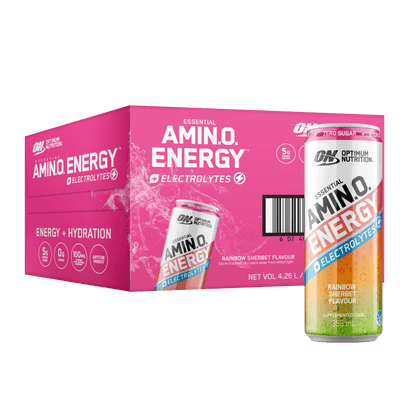 Amino Energy + Electrolyte Sparkling Can Optimum Nutrition Drinks for pre workout Box of 12 Rainbow Sherbet