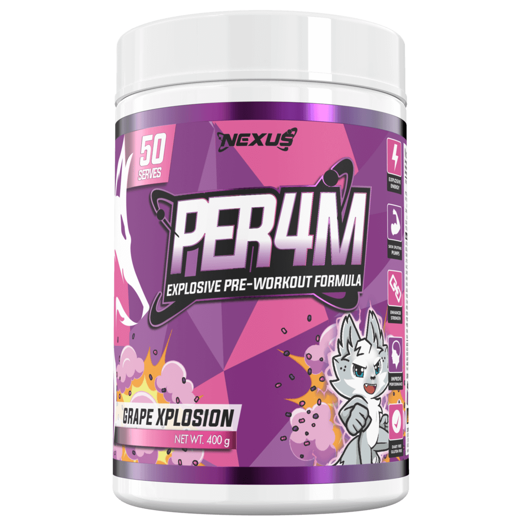 Per4m (8) & Per4m Nexus Medium stimulant pre workout powder 50 Serves Grape Xplosion