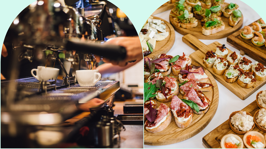 The image is split into two scenes. On the left, an espresso machine pours fresh coffee into two white cups,
        capturing a moment in a bustling coffee shop with the barista's hand in motion. On the right, an assortment of
        gourmet canapés is presented on wooden boards, featuring a variety of toppings like smoked salmon, cream cheese,
        sun-dried tomatoes, and cured meats on toasted bread, suggesting a catering setup for an event.