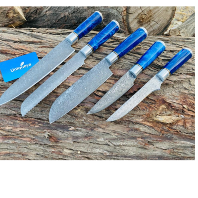resources of Damascus Steel Chef Set with Blue Resin and Leather Sheath exporters