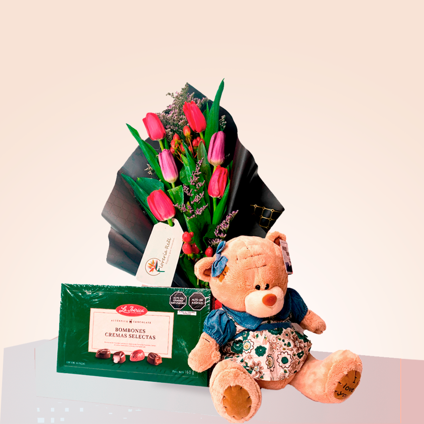 RAMO DE TULIPANES + CHOCOLATES Y PELUCHE