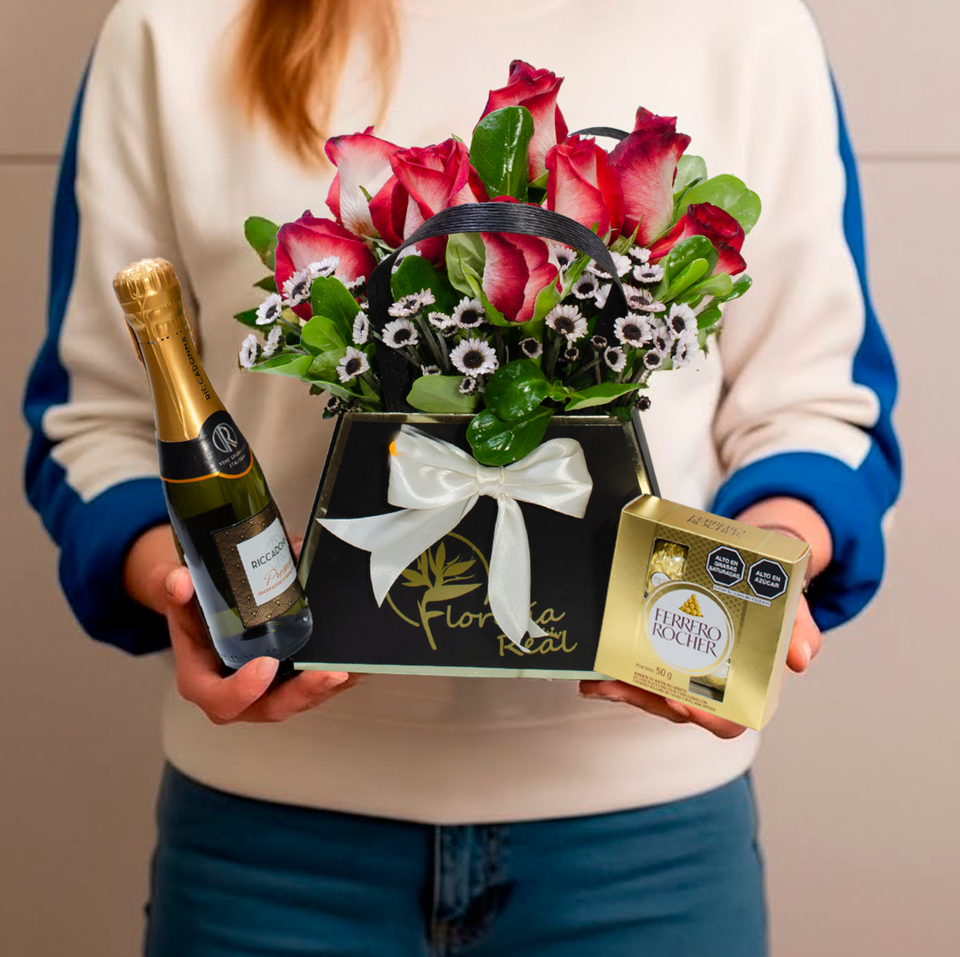 CARTERA PRIMAVERAL CON CHAMPAGNE Y FLORES