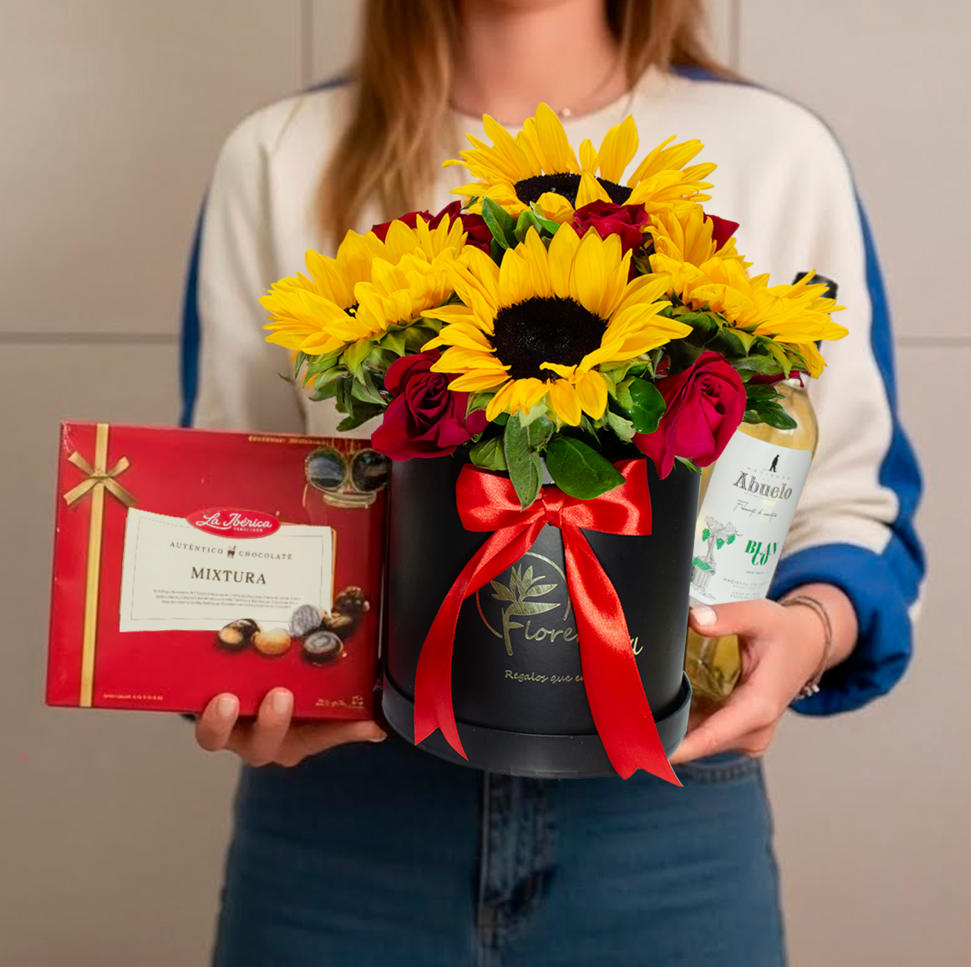 BOX DE GIRASOLES + CHOCOLATES+ BEBIDA