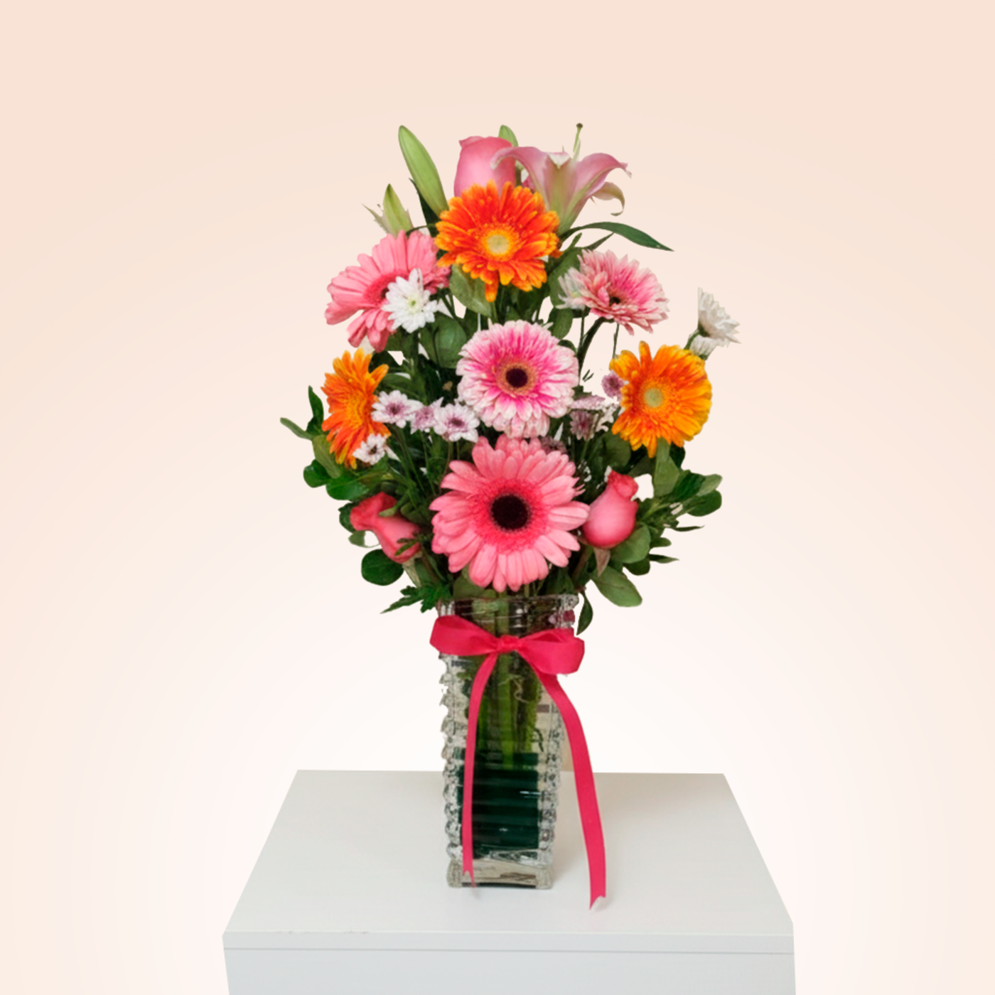 FLORERO DE GERBERAS LILIUM Y ROSAS