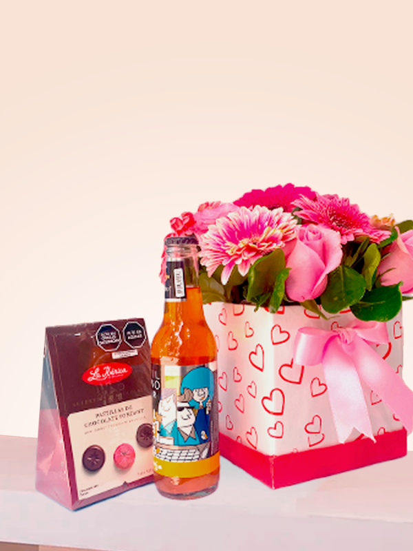 ROSAS Y GERBERAS + CHOCOLATE Y BEBIDА