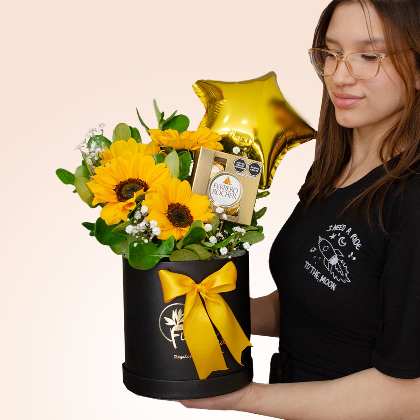 BOX DE 4 GIRASOLES+GLOBO+CHOCOLATE