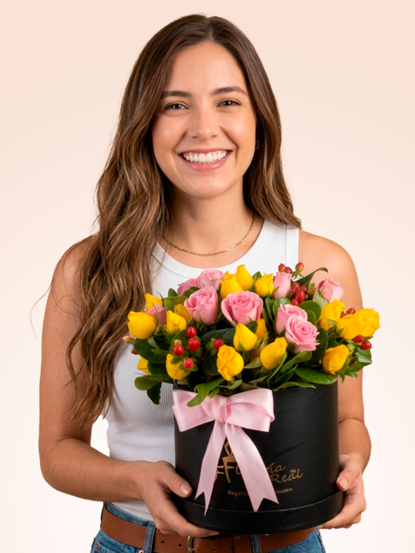 FLORES DIA DE LA MADRE - Box Negro de Rosas Amarillas y Rosadas