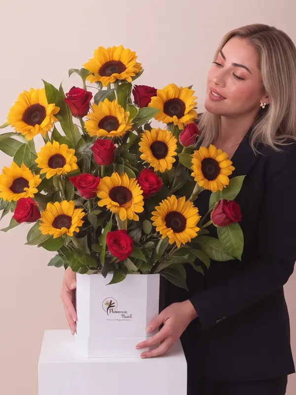 Box de Girasoles y Rosas Rojas Premium – Envío de Flores a Domicilio en Arequipa