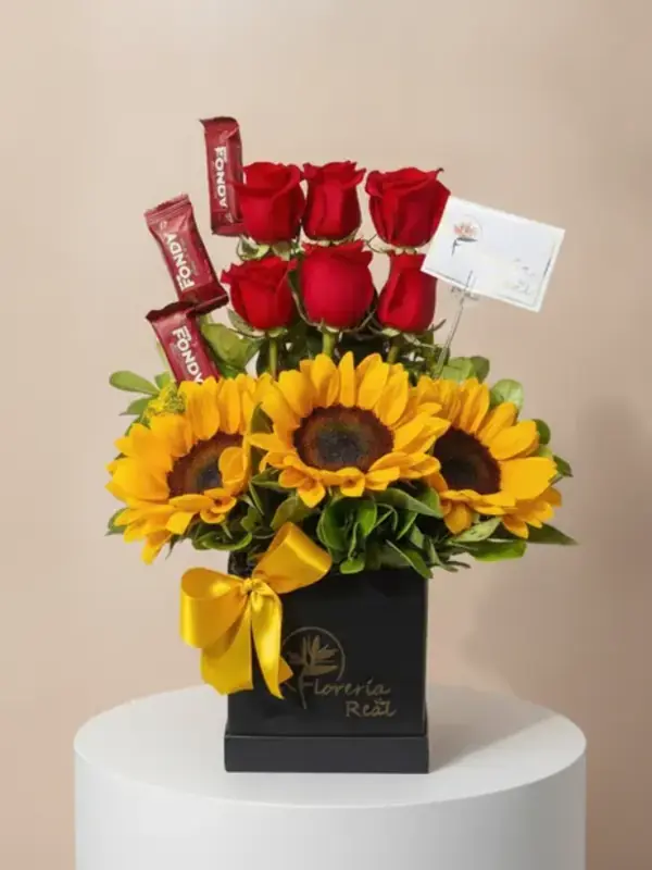 Box Éclat: Girasoles, Rosas y Chocolates – Envío de Flores a Domicilio en Arequipa