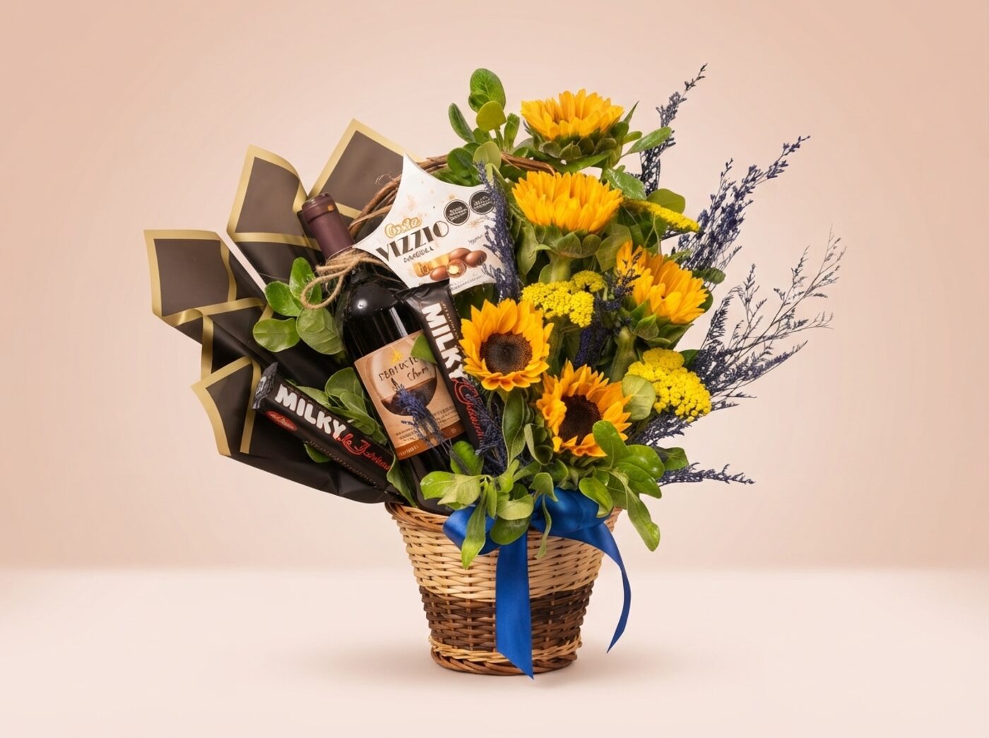 Canasta de Girasoles Premium, Vino y Chocolates