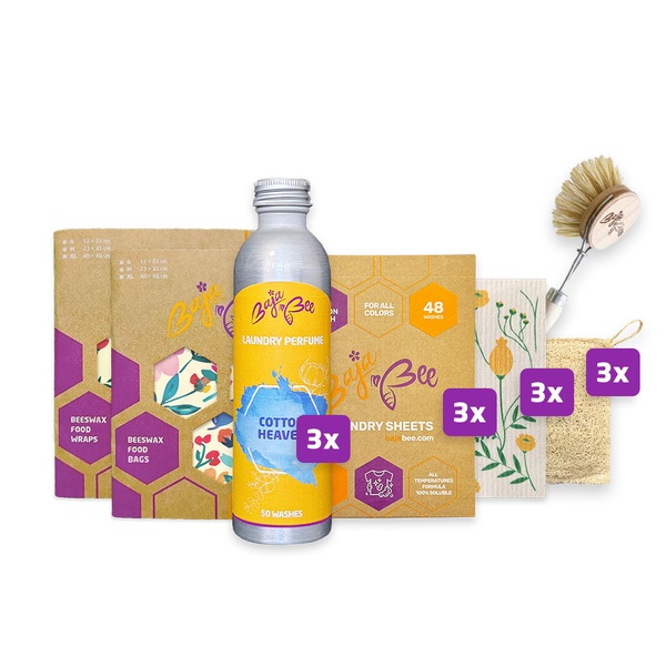 Home Eco Set Premium | Bienenwachsbeutel + Bienenwachstücher + 3 x Wäscheparfüm + 3 x Waschstreifen + Haushaltshelfer
