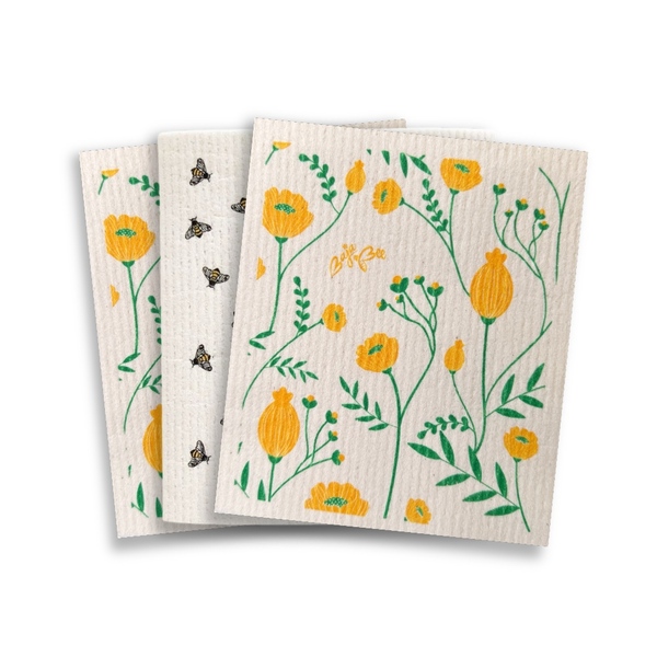 Swedish dishcloths - Flowers and bees, 3 pcs