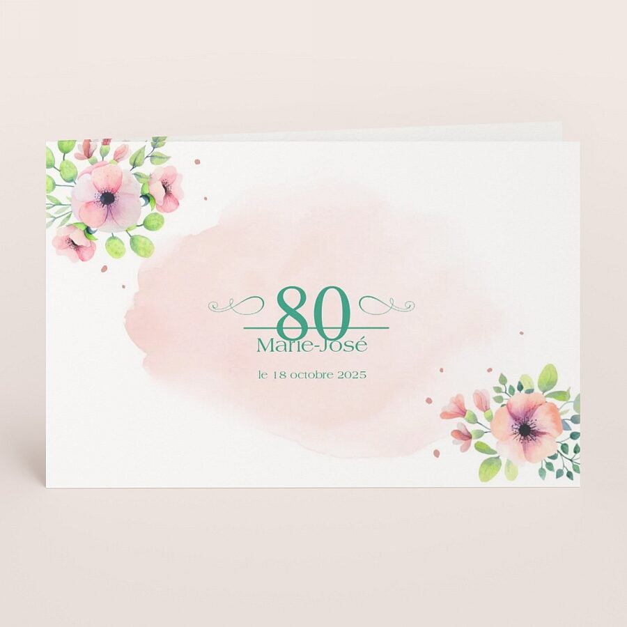 Carte D Invitation Anniversaire 80 Ans Aquarelle Rose Et Fleurs Fete Tadaaz